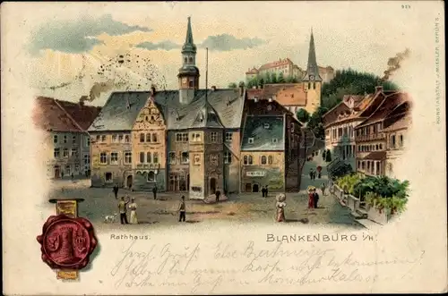 Litho Blankenburg am Harz, Rathaus mit Marktplatz, Siegel