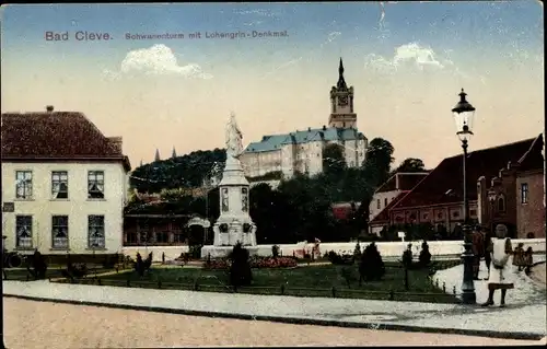 Litho Kleve am Niederrhein, Schwanenturm mit Lohengrin Denkmal