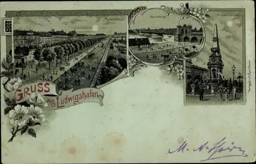 Mondschein Litho Ludwigshafen am Rhein, Marktplatz, Brunnen, Rheinbrücke