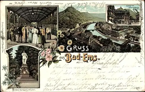 Litho Bad Ems im Rhein Lahn Kreis, Wandelbahn, Kurhof, Kaiserwohnung, Kaiser Wilhelm I. Denkmal