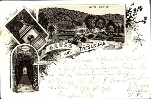 Litho Treseburg Thale im Harz, Hotel Forelle, Inh. R. Palmie, Pfeil Denkmal, Wilhelms Blick