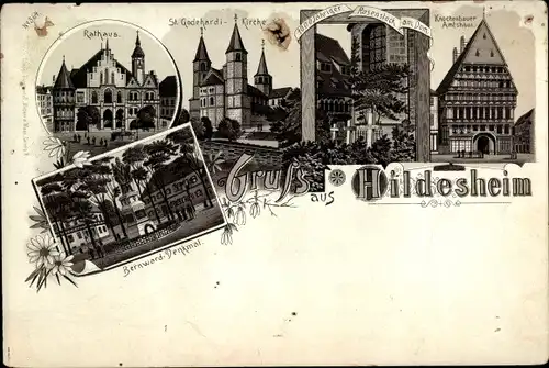 Litho Hildesheim in Niedersachsen, Knochenhaueramtshaus, Dom, Rosenstock, Kirche, Rathaus, Denkmal