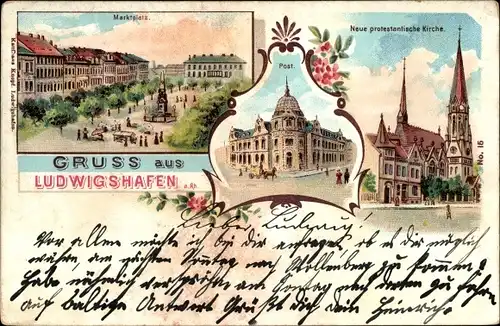 Litho Ludwigshafen am Rhein Rheinland Pfalz, Neue protestan. Kirche, Marktplatz, Post