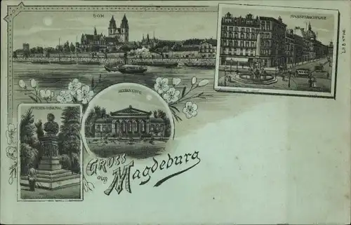 Mondschein Litho Magdeburg an der Elbe, Dom, Platz, Herrenkrug, Friesendenkmal