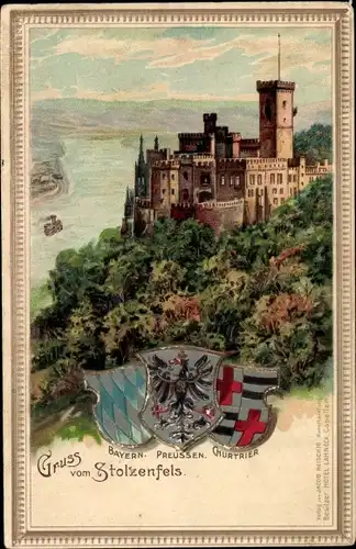 Präge Wappen Litho Stolzenfels Koblenz in Rheinland Pfalz, Wappen Bayern, Preussen u. Kurtrier