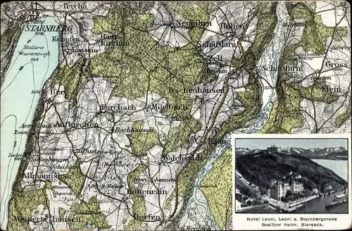 Landkarten Ak Leoni Berg am Starnberger See Oberbayern, Hotel Leoni, Starnberg, Aufkirchen