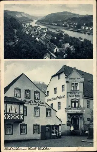 Ak Wehlen an der Elbe Sachsen, Schmucks Hotel und Gasthof, Basteiweg, Panorama vom Ort