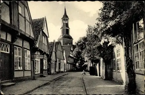 Ak Quakenbrück in Niedersachsen, Große Kirchstraße, Fachwerkhäuser, Kirchturm