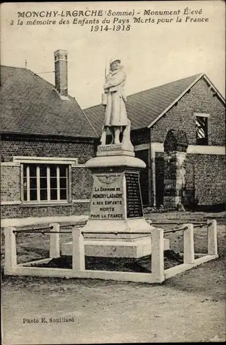 Ak Monchy Lagache Somme, Kriegerdenkmal
