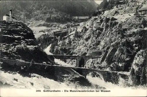 Ak Wassen Kt. Uri Schweiz, Gotthardbahn, Maienreussbrücken