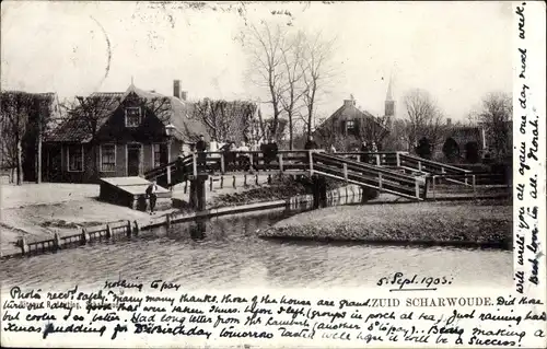 Ak Zuid Scharwoude Langedijk Nordholland Niederlande, Dorfpartie, Brücke