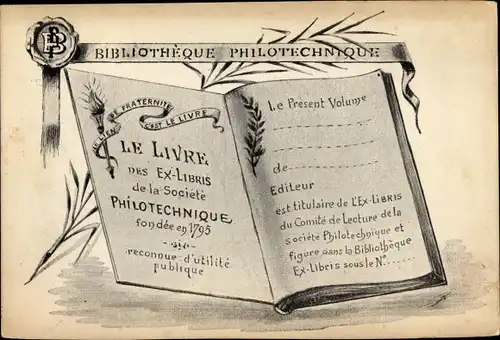 Ak Societe Philotechnique, Bibliotheque Philotechnique, Ex Libris