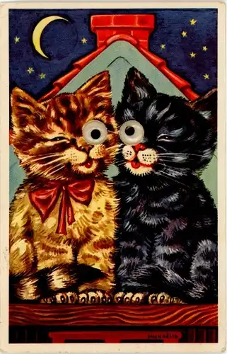 Wackelaugen Künstler Ak Michaelis, Zwei Katzen, Mondschein