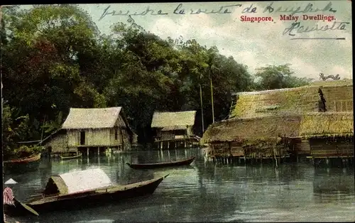 Ak Singapur, Malay Dwellings, Holzhütten auf Stelzen, Boote