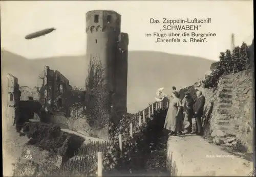 Ak Rüdesheim am Rhein, Ruine Ehrenfels, Zeppelin Luftschiff Schwaben