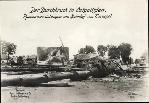 Ak Ternopil Tarnopol Ukraine, Verwüstungen durch Russen, Kriegszerstörungen, Bahnhof, I WK