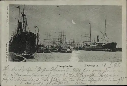 Mondschein Ak Hamburg, Hansahafen, Segelschiffe, Dampfer