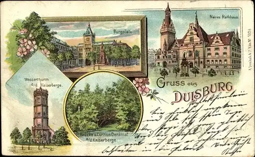 Litho Duisburg im Ruhrgebiet, Wasserturm, Kaiserberg, Neues Rathaus, Burgplatz