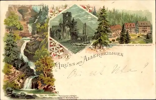 Litho Oppenau im Ortenaukreis, Klosterruine Allerheiligen, Hotel Mittenmaier, Wasserfälle