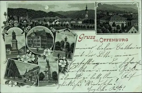 Mondschein Litho Offenburg in Baden Schwarzwald, Oken-Denkmal, Drake-Denkmal, Rathaus, Bahnhofstraße