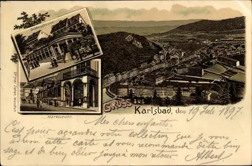 Litho Karlovy Vary Karlsbad Stadt, Schlossbrunn, Marktbrunn, Gesamtansicht