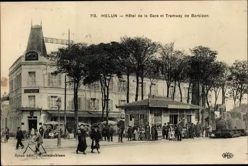 Ak Melun Seine et Marne, Hotel de la Gare, Straßenbahn Barbizon