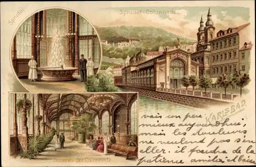 Litho Karlovy Vary Karlsbad Stadt, Sprudel, Sprudel-Colonnade