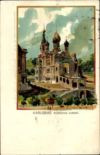 Litho Karlovy Vary Karlsbad Stadt, Russische Kirche