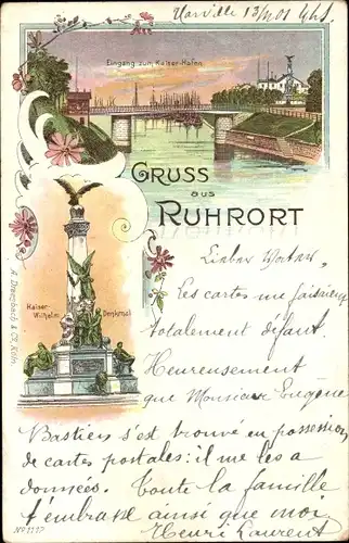 Litho Ruhrort Duisburg im Ruhrgebiet, Kaiserhafen, Kaiser-Wilhelm-Denkmal