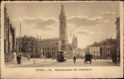 Ak Zittau in der Oberlausitz, Haberkornplatz, Johanneum, Straßenbahn