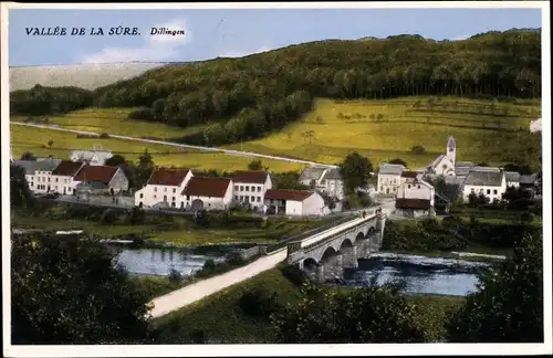 Ak Dillingen Luxemburg, Vallee de la Sure, Fluss, Brücke, Gebäude