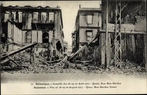 Ak Thessaloniki Griechenland, Hafen, Max Harden Straße, Brand der Stadt 1917, Ruinen