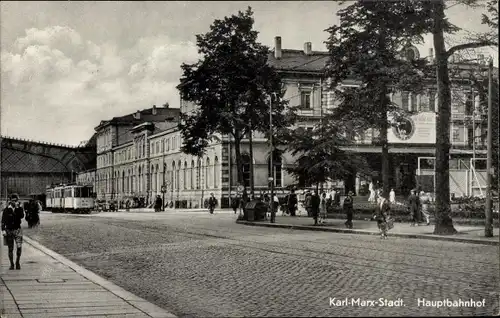 Ak Karl Marx Stadt Chemnitz in Sachsen, Hauptbahnhof, Straßenbahn