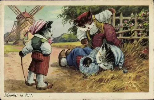 Künstler Ak Vermenschlichte Katzen, Windmühle, Müller