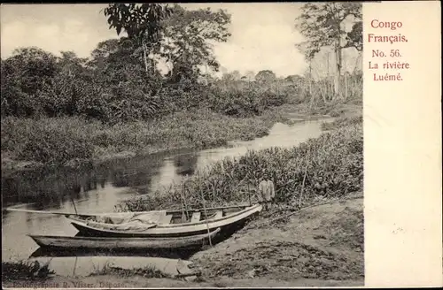 Ak Französisch Kongo, Fluss Luémé, Boote am Ufer