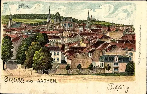 Litho Aachen in Nordrhein Westfalen, Blick über die Dächer der Stadt, Lousberg, St. Salvatorberg