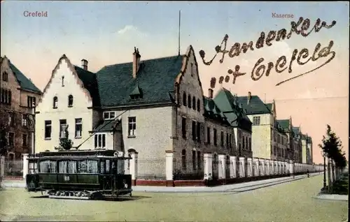 Glitzer Ak Krefeld am Niederrhein, Husaren Kaserne, Straßenbahn