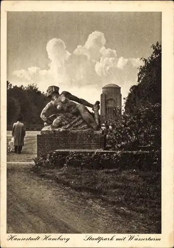 Ak Hamburg Nord Winterhude, Stadtpark mit Wasserturm, Statue