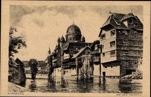 Künstler Ak Nürnberg, Häuser an der Pegnitz, Synagoge