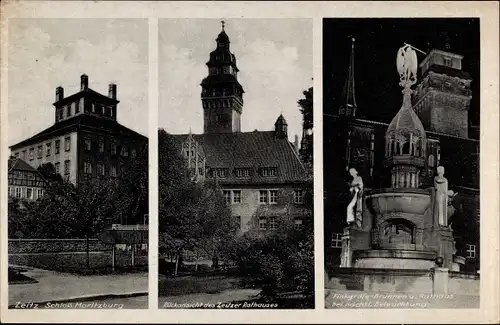 Ak Zeitz im Burgenlandkreis, Schloss Moritzburg, Rückansicht Rathaus, Finkgräfe-Brunnen, Nacht