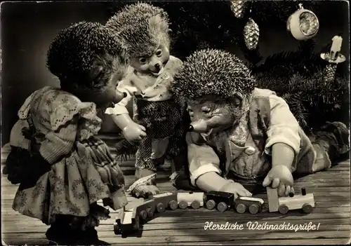 Ak Frohe Weihnachten, Mecki der Igel, Igelkinder, Holzeisenbahn