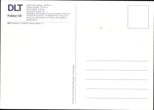 Ak Deutsches Passagierflugzeug, DLT, Fokker 50