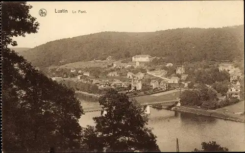 Ak Lustin Profondeville Wallonien Namur, Totale mit Brücke