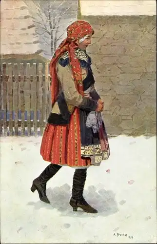 Künstler Ak Frolka, A., Slowakische Tracht, Winter, junge Frau