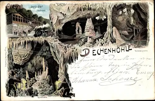 Litho Grüne Iserlohn Märkischer Kreis, Dechenhöhle, Kristallgrotte, Bahnhof, Grufthalle, Königshalle