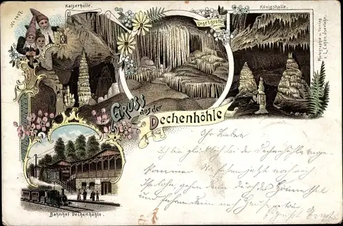 Litho Grüne Iserlohn im Märkischen Kreis, Dechenhöhle, Königshalle, Zwerge, Orgelgrotte, Bahnhof