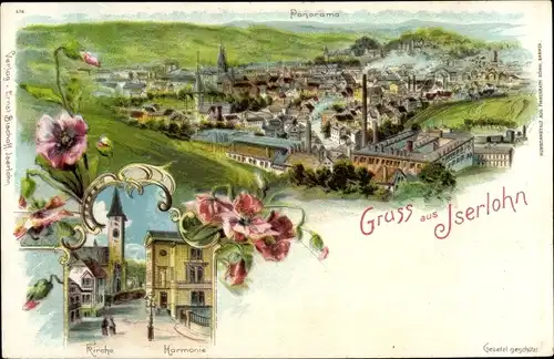 Litho Iserlohn im Märkischen Kreis, Gesamtansicht, Kirche, Harmonie