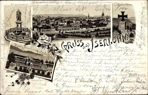 Litho Iserlohn im Märkischen Kreis, Denkmal, Eisernes Kreuz, Schützenhalle, Stadtpanorama