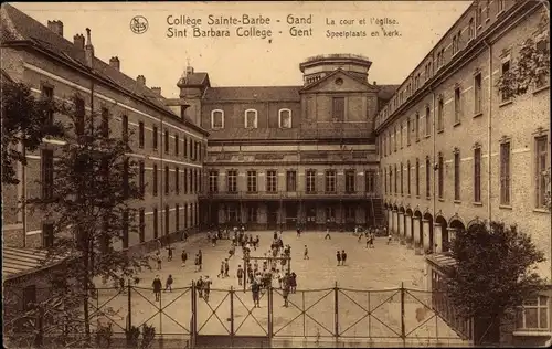 Ak Großraum Gent Ostflandern, Sainte Barbe College, Der Innenhof und die Kirche