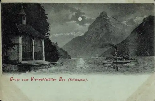 Mondschein Ak Kt. Uri, Vierwaldstätter See, Teilskapelle, Dampfer